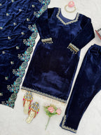 Navy Blue Velvet Kurta Set with Thread & Sequins Embroidery
