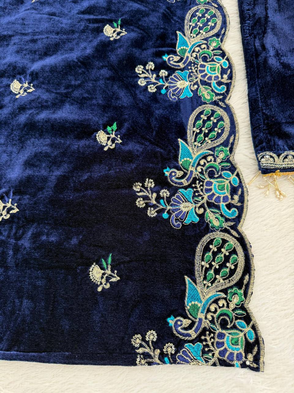 Navy Blue Velvet Kurta Set with Thread & Sequins Embroidery