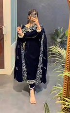 Zarmina Pure Heavy Viscose Velvet Embroidered Top Pant Set with Sequin Work & Lace Border Dupatta