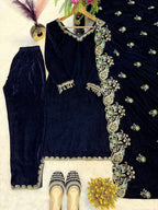 Zarmina Pure Heavy Viscose Velvet Embroidered Top Pant Set with Sequin Work & Lace Border Dupatta