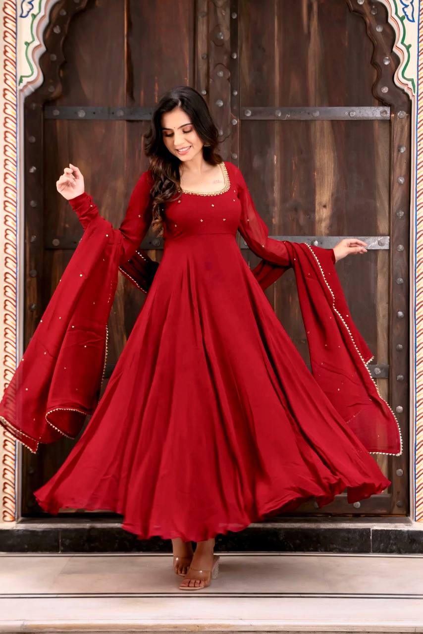 Vihana Faux Georgette Anarkali Suit with Handwork, 6.5 Meter Flair and Lace Border Dupatta