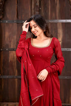 Vihana Faux Georgette Anarkali Suit with Handwork, 6.5 Meter Flair and Lace Border Dupatta