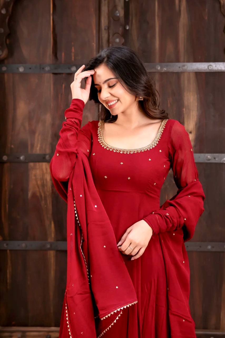 Vihana Faux Georgette Anarkali Suit with Handwork, 6.5 Meter Flair and Lace Border Dupatta