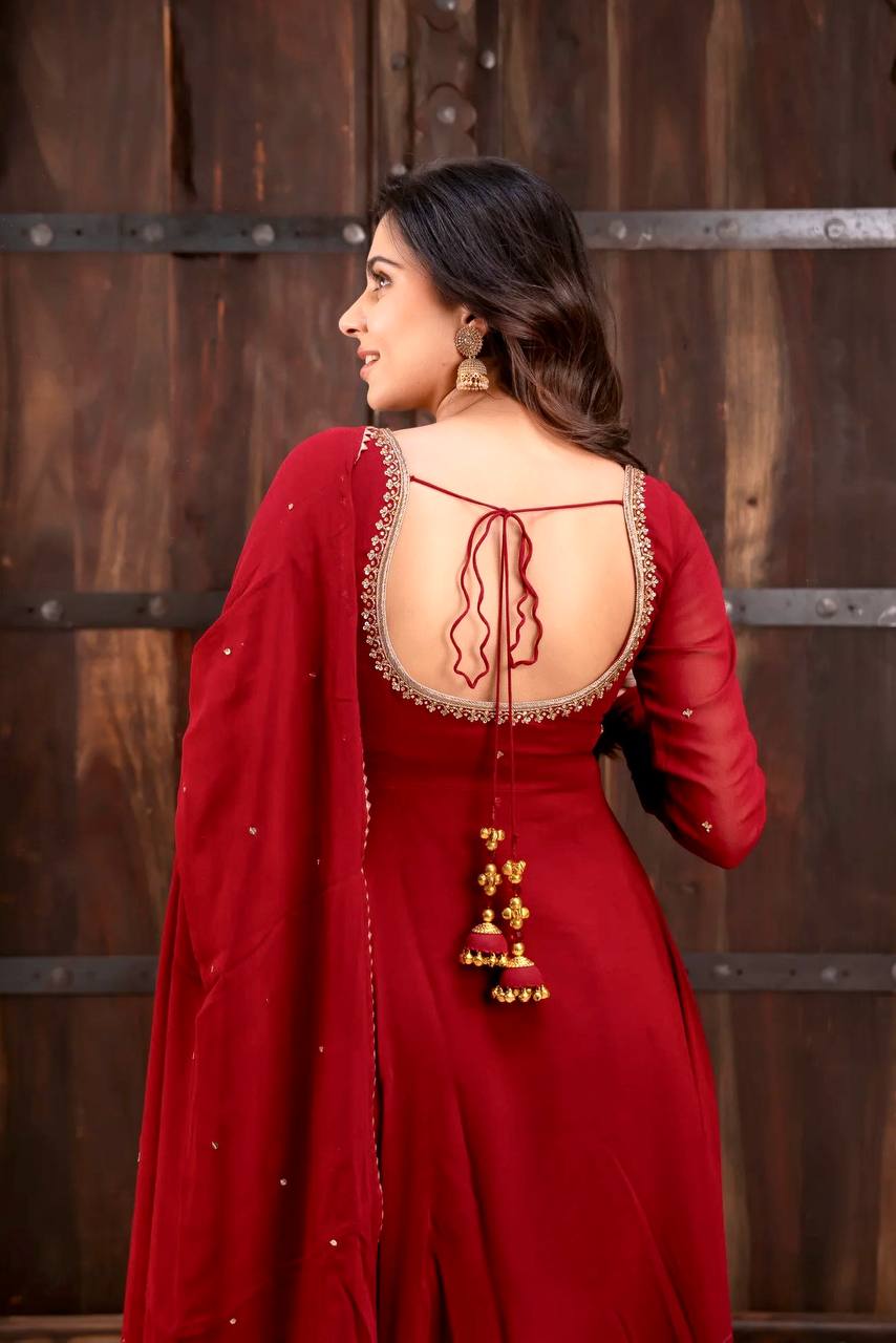 Vihana Faux Georgette Anarkali Suit with Handwork, 6.5 Meter Flair and Lace Border Dupatta