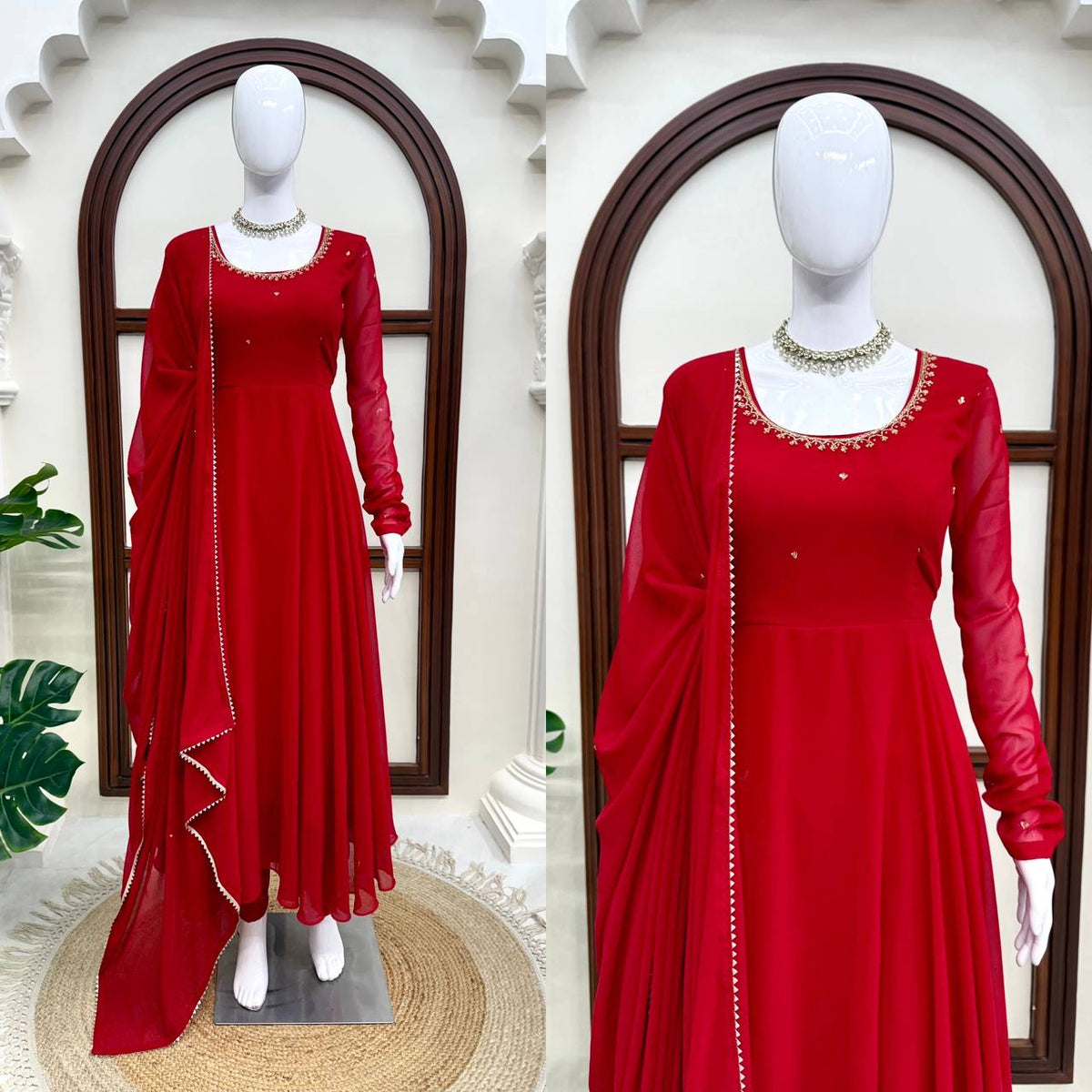 Vihana Faux Georgette Anarkali Suit with Handwork, 6.5 Meter Flair and Lace Border Dupatta
