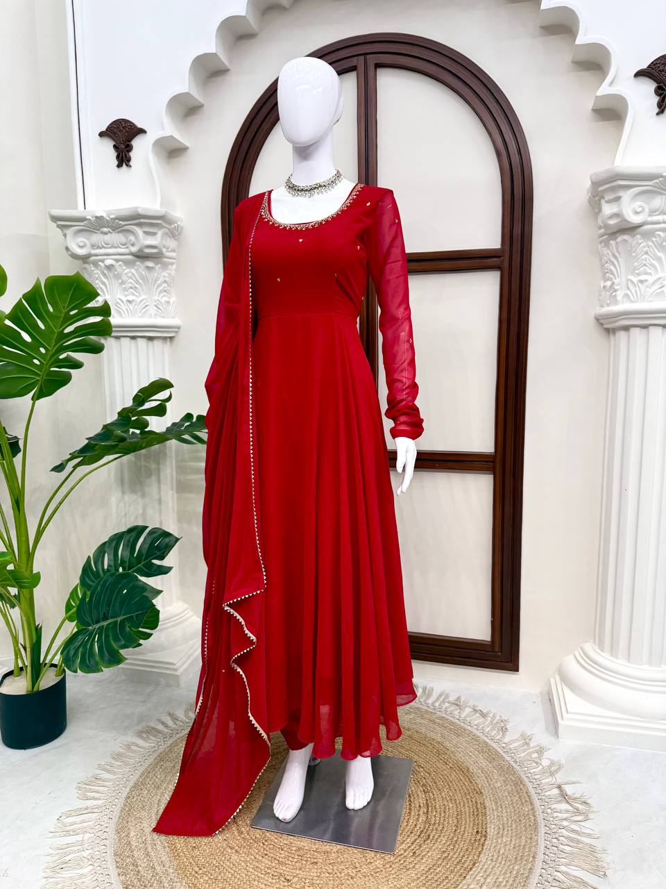Vihana Faux Georgette Anarkali Suit with Handwork, 6.5 Meter Flair and Lace Border Dupatta