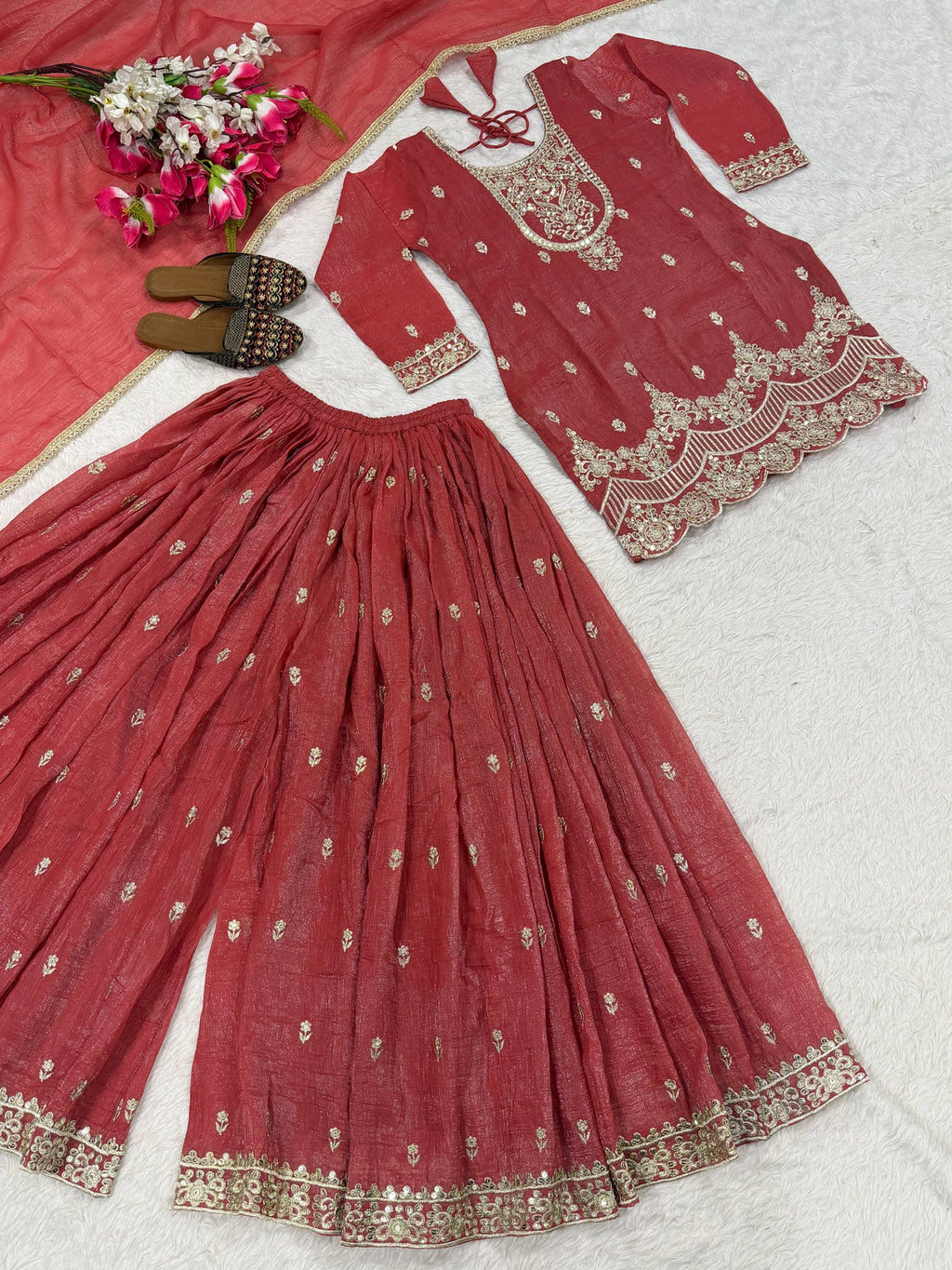 Designer Sharara Palazzo Suit with Heavy Silk Embroidery Work