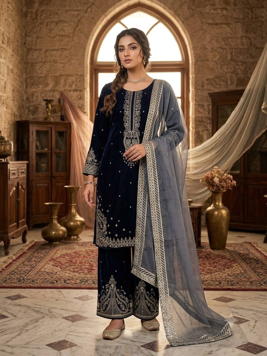 Mahveen Velvet Embroidered Suit Set with Sequin Work and Organza Dupatta