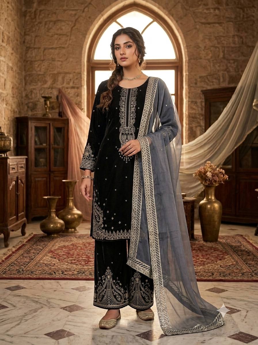 Mahveen Velvet Embroidered Suit Set with Sequin Work and Organza Dupatta