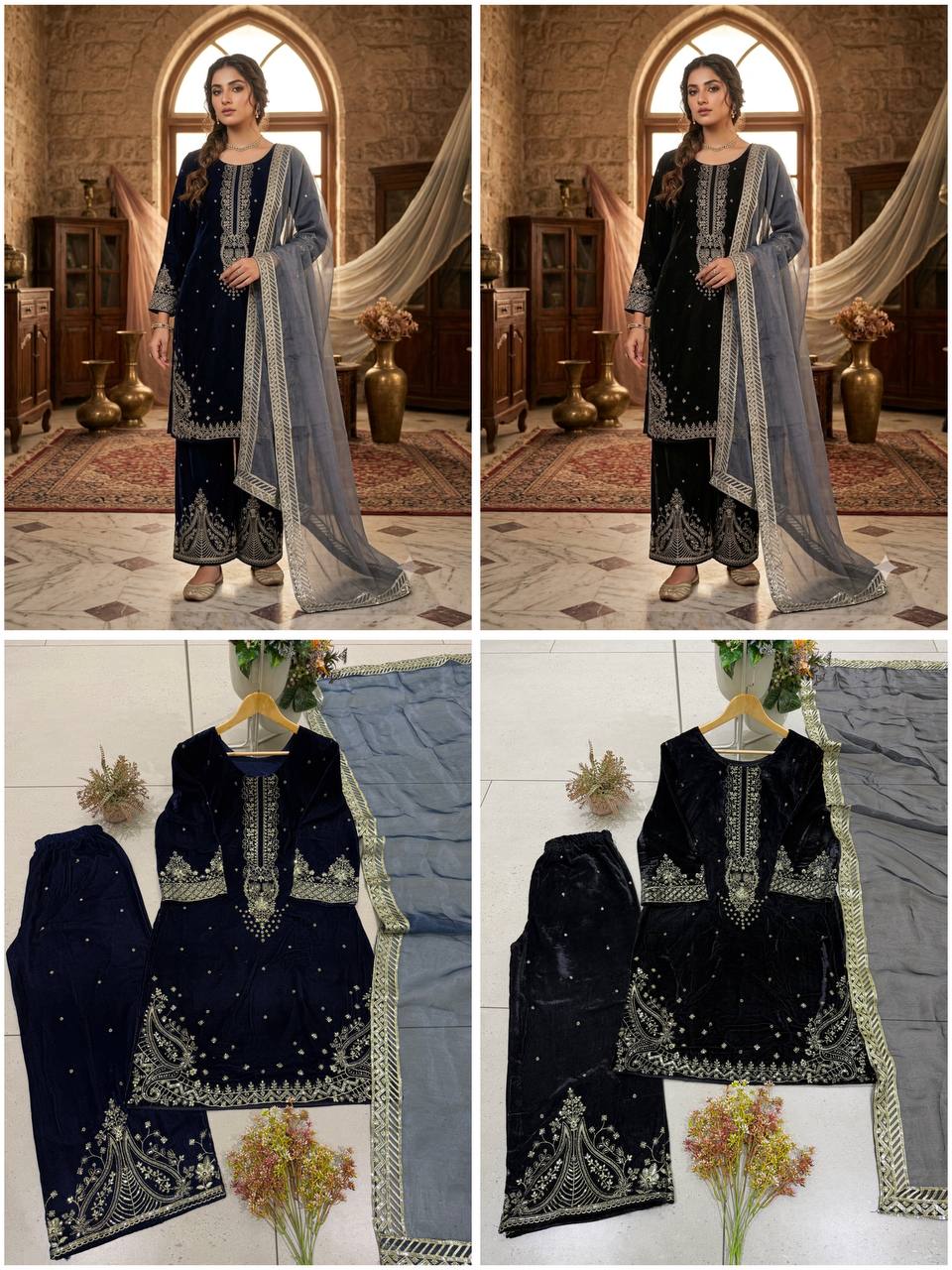 Mahveen Velvet Embroidered Suit Set with Sequin Work and Organza Dupatta