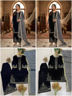 Mahveen Velvet Embroidered Suit Set with Sequin Work and Organza Dupatta