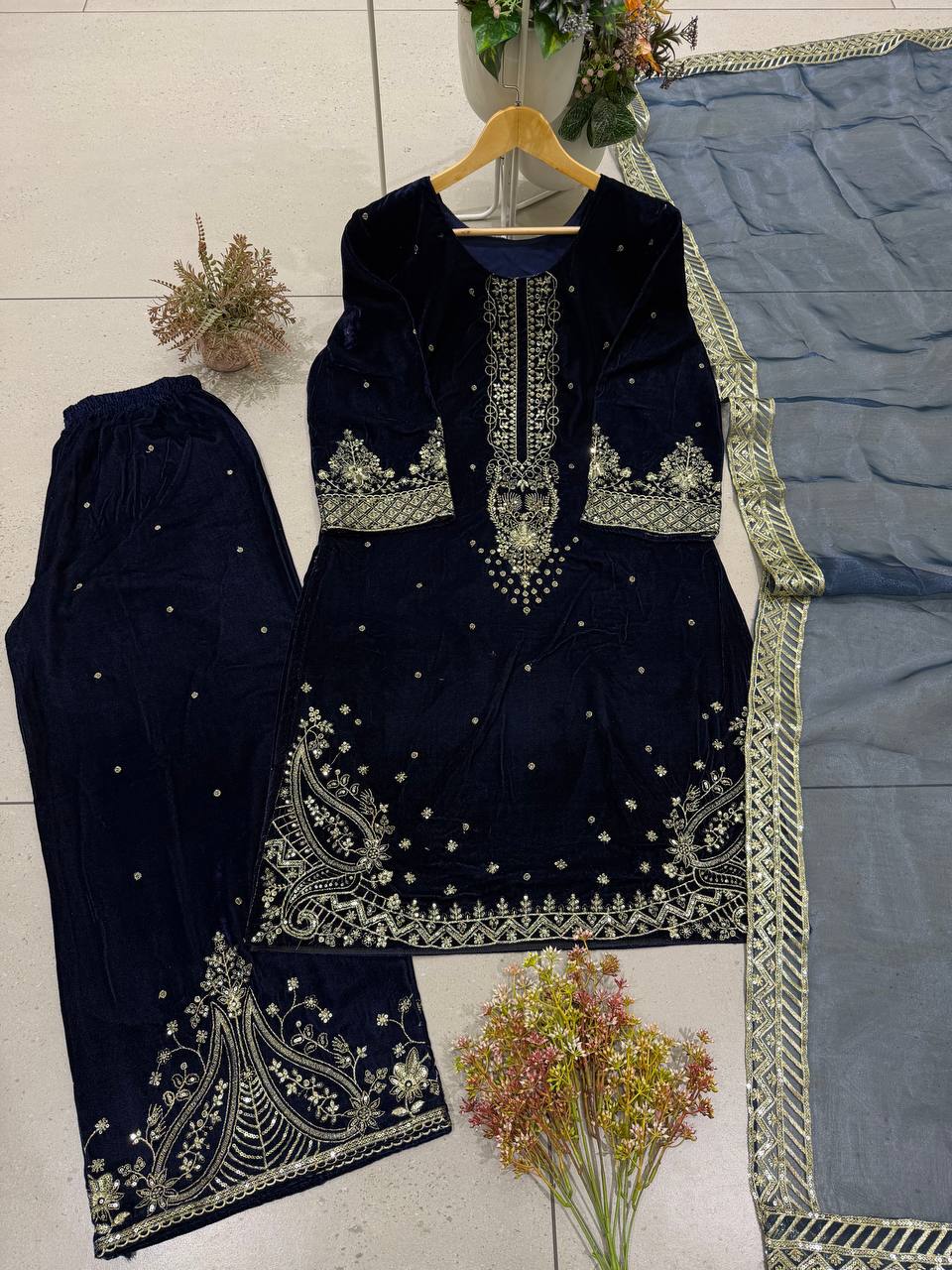 Mahveen Velvet Embroidered Suit Set with Sequin Work and Organza Dupatta