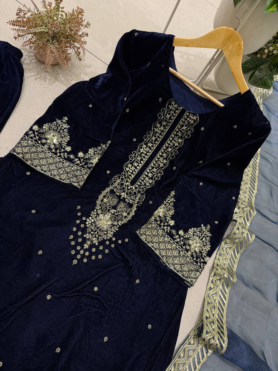 Mahveen Velvet Embroidered Suit Set with Sequin Work and Organza Dupatta