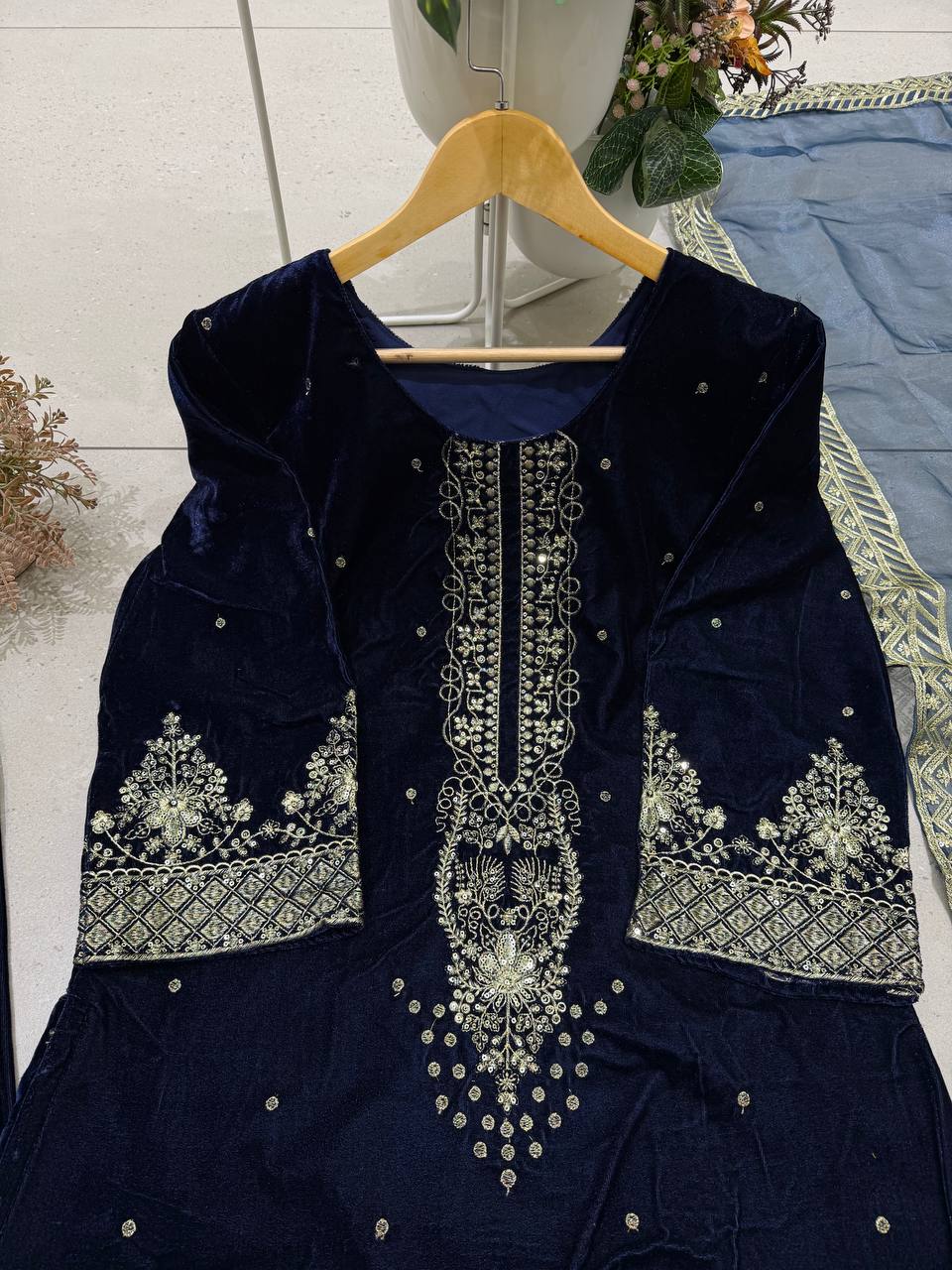 Mahveen Velvet Embroidered Suit Set with Sequin Work and Organza Dupatta