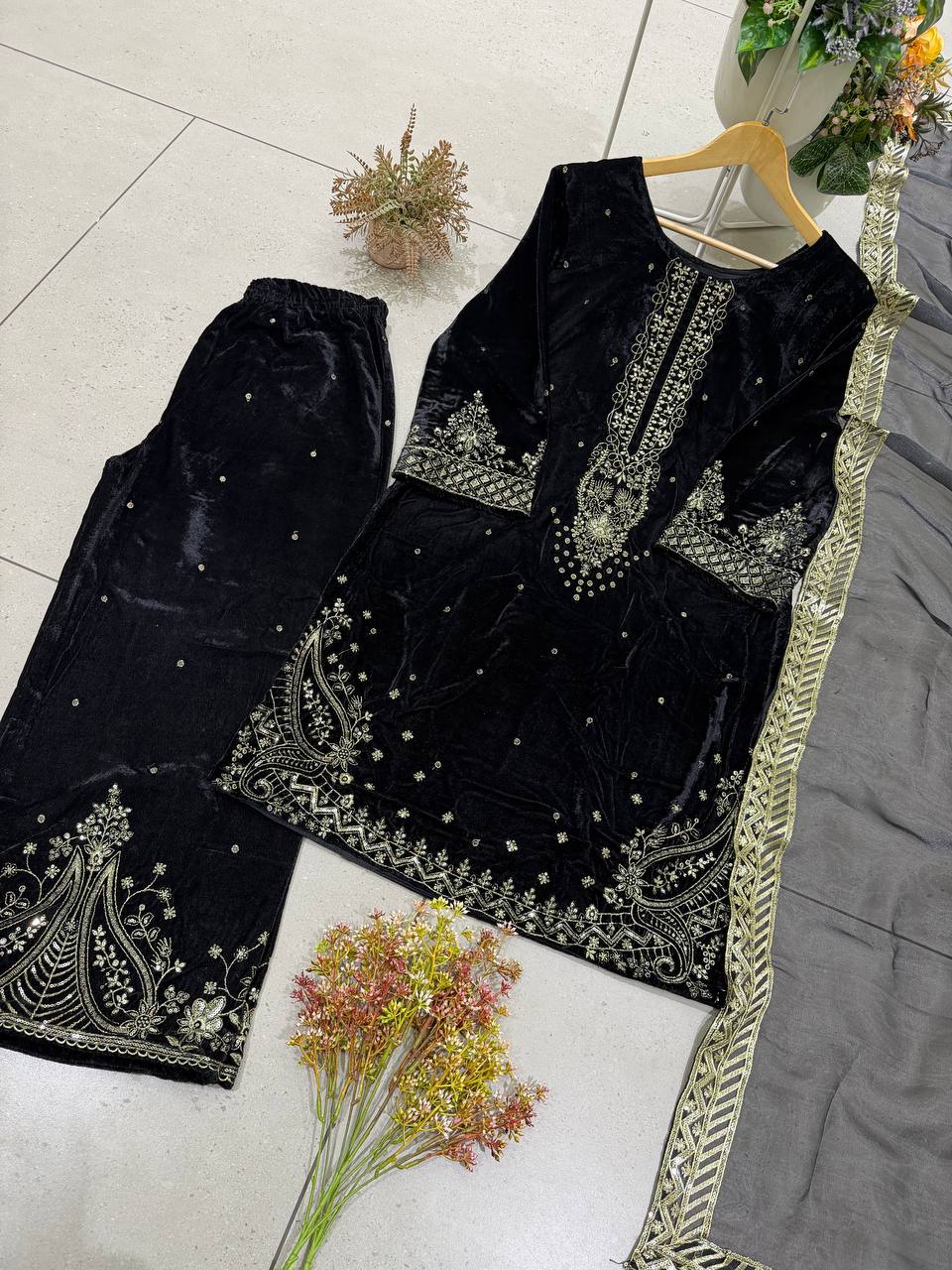 Mahveen Velvet Embroidered Suit Set with Sequin Work and Organza Dupatta