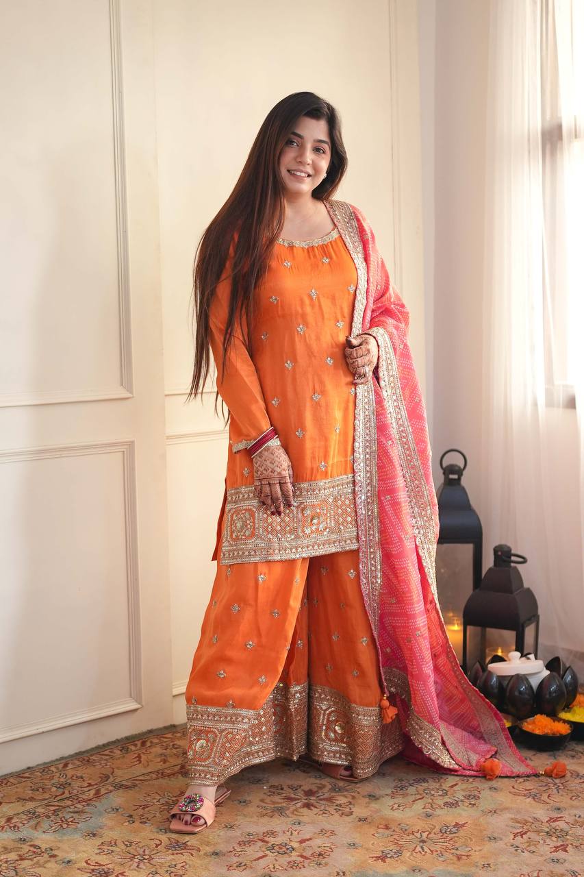Mehrisha Aura Chinon Thread & Sequence Embroidered Palazzo Suit Set with Digital Print Faux Georgette Dupatta