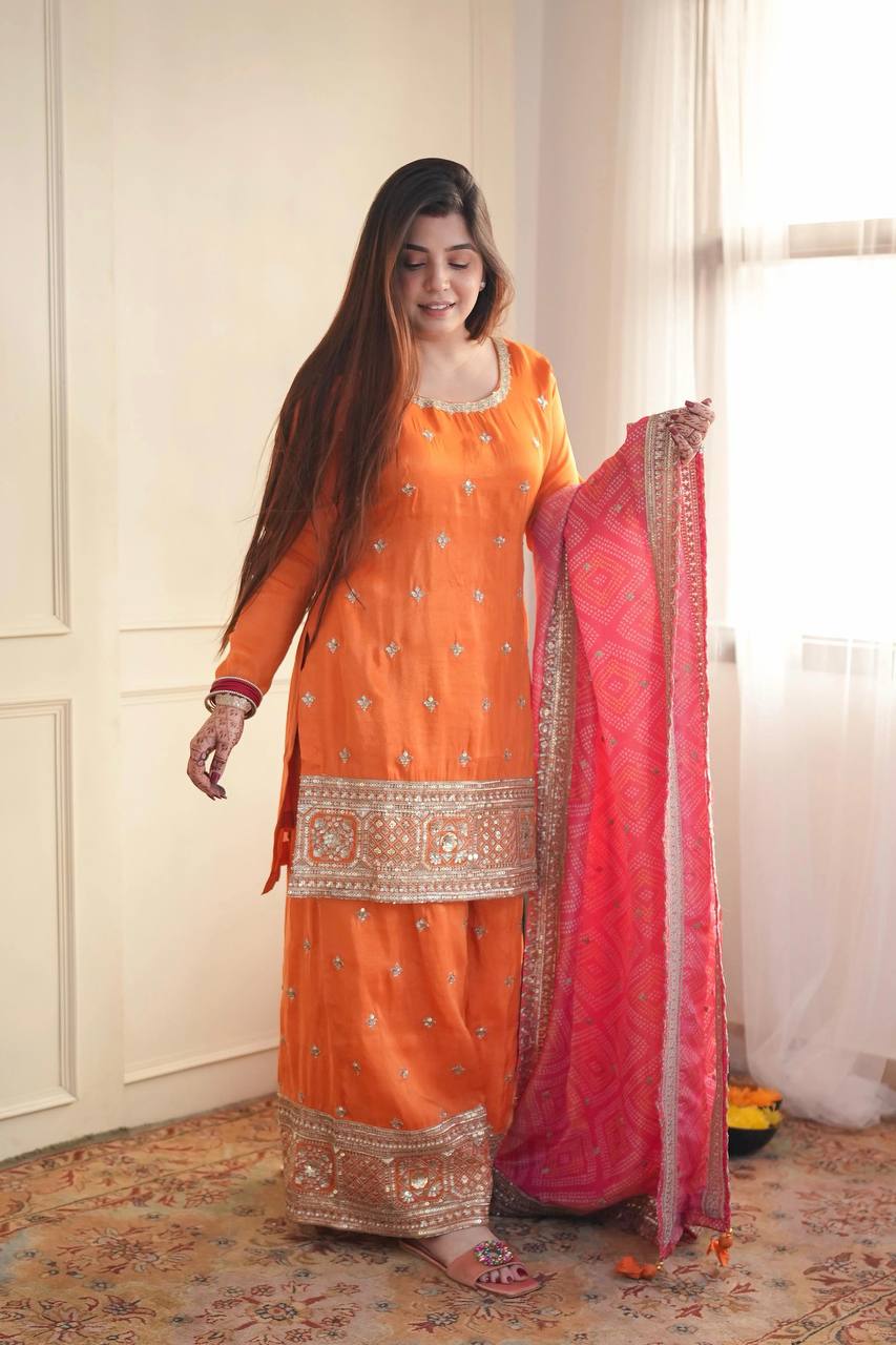 Mehrisha Aura Chinon Thread & Sequence Embroidered Palazzo Suit Set with Digital Print Faux Georgette Dupatta