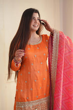 Mehrisha Aura Chinon Thread & Sequence Embroidered Palazzo Suit Set with Digital Print Faux Georgette Dupatta