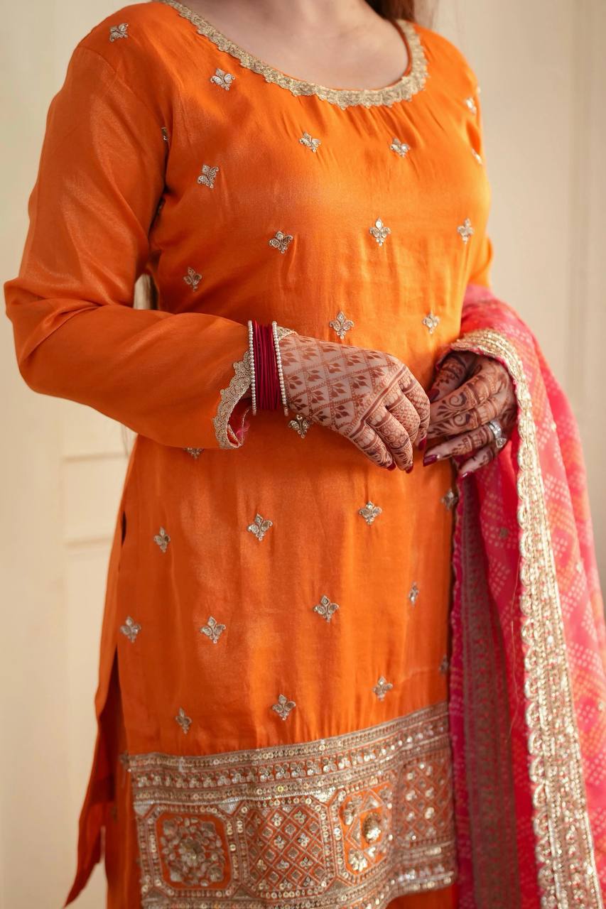 Mehrisha Aura Chinon Thread & Sequence Embroidered Palazzo Suit Set with Digital Print Faux Georgette Dupatta
