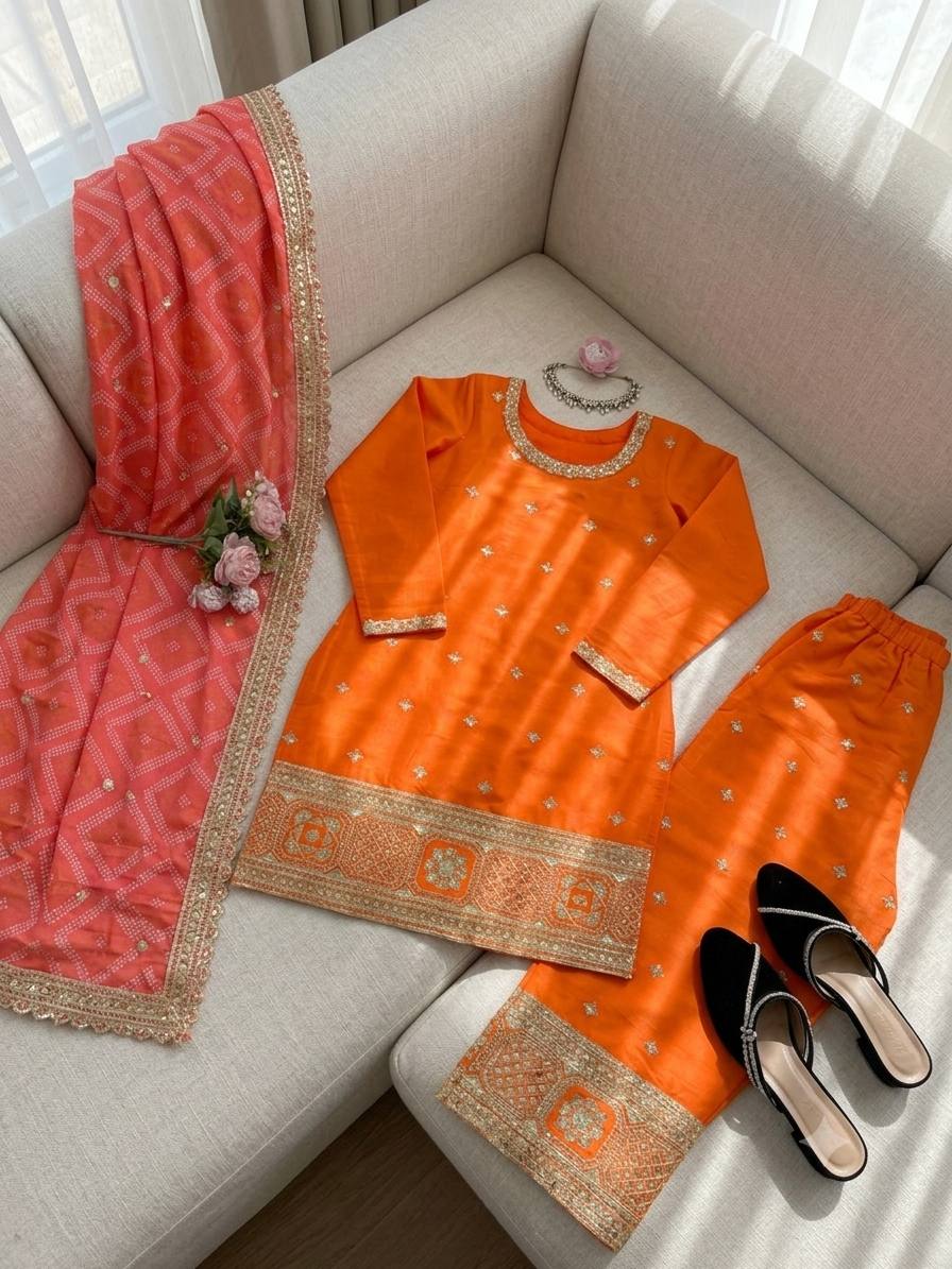 Mehrisha Aura Chinon Thread & Sequence Embroidered Palazzo Suit Set with Digital Print Faux Georgette Dupatta