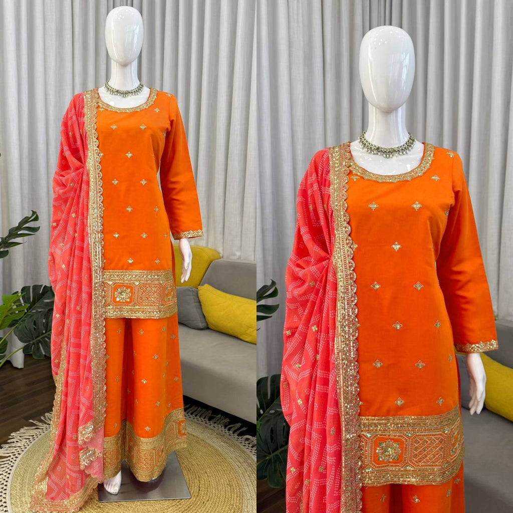 Mehrisha Aura Chinon Thread & Sequence Embroidered Palazzo Suit Set with Digital Print Faux Georgette Dupatta
