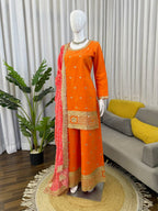 Mehrisha Aura Chinon Thread & Sequence Embroidered Palazzo Suit Set with Digital Print Faux Georgette Dupatta