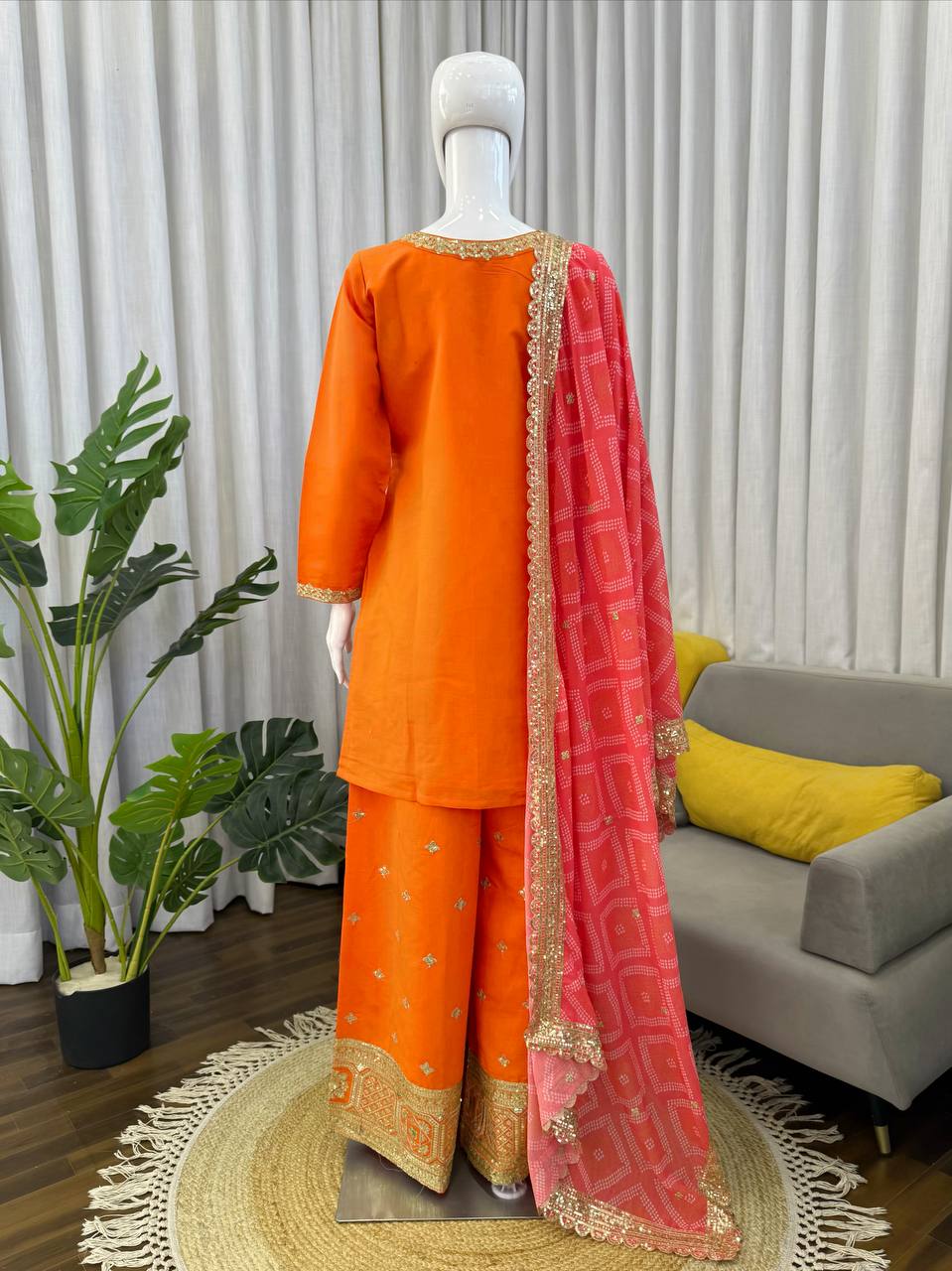 Mehrisha Aura Chinon Thread & Sequence Embroidered Palazzo Suit Set with Digital Print Faux Georgette Dupatta