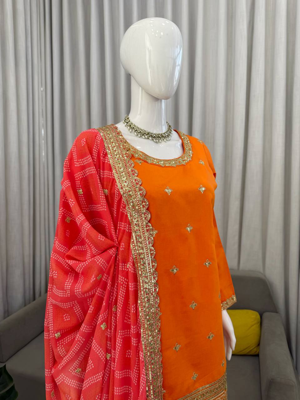 Mehrisha Aura Chinon Thread & Sequence Embroidered Palazzo Suit Set with Digital Print Faux Georgette Dupatta