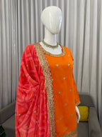Mehrisha Aura Chinon Thread & Sequence Embroidered Palazzo Suit Set with Digital Print Faux Georgette Dupatta
