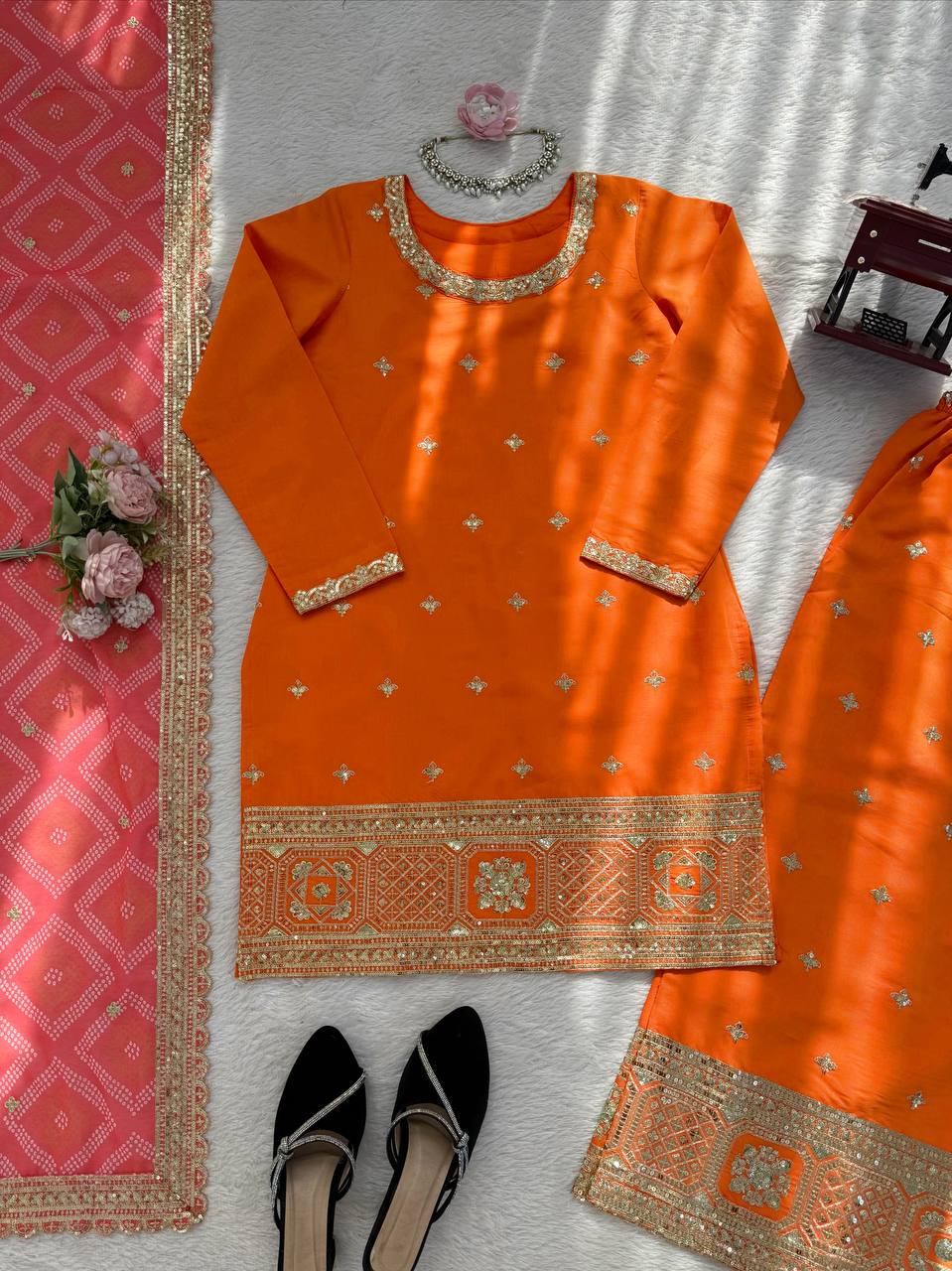 Mehrisha Aura Chinon Thread & Sequence Embroidered Palazzo Suit Set with Digital Print Faux Georgette Dupatta