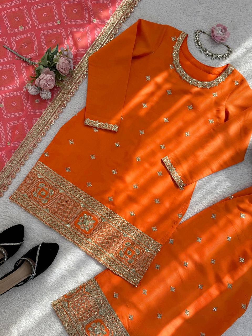 Mehrisha Aura Chinon Thread & Sequence Embroidered Palazzo Suit Set with Digital Print Faux Georgette Dupatta