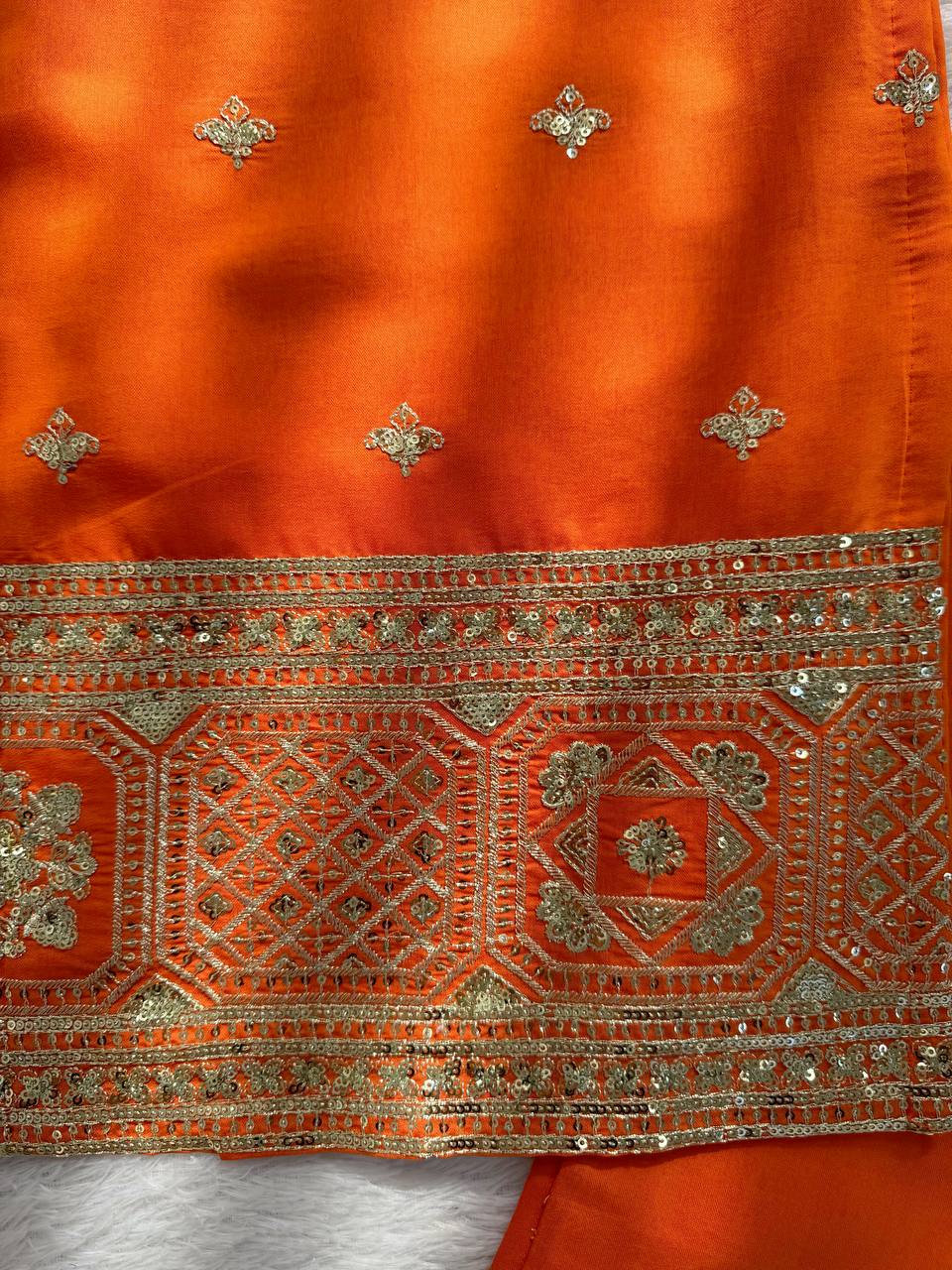 Mehrisha Aura Chinon Thread & Sequence Embroidered Palazzo Suit Set with Digital Print Faux Georgette Dupatta