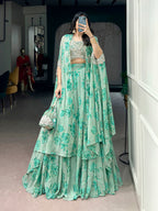 Pastelika Georgette Embroidered Lehenga with Cape Dupatta & Batwa Set