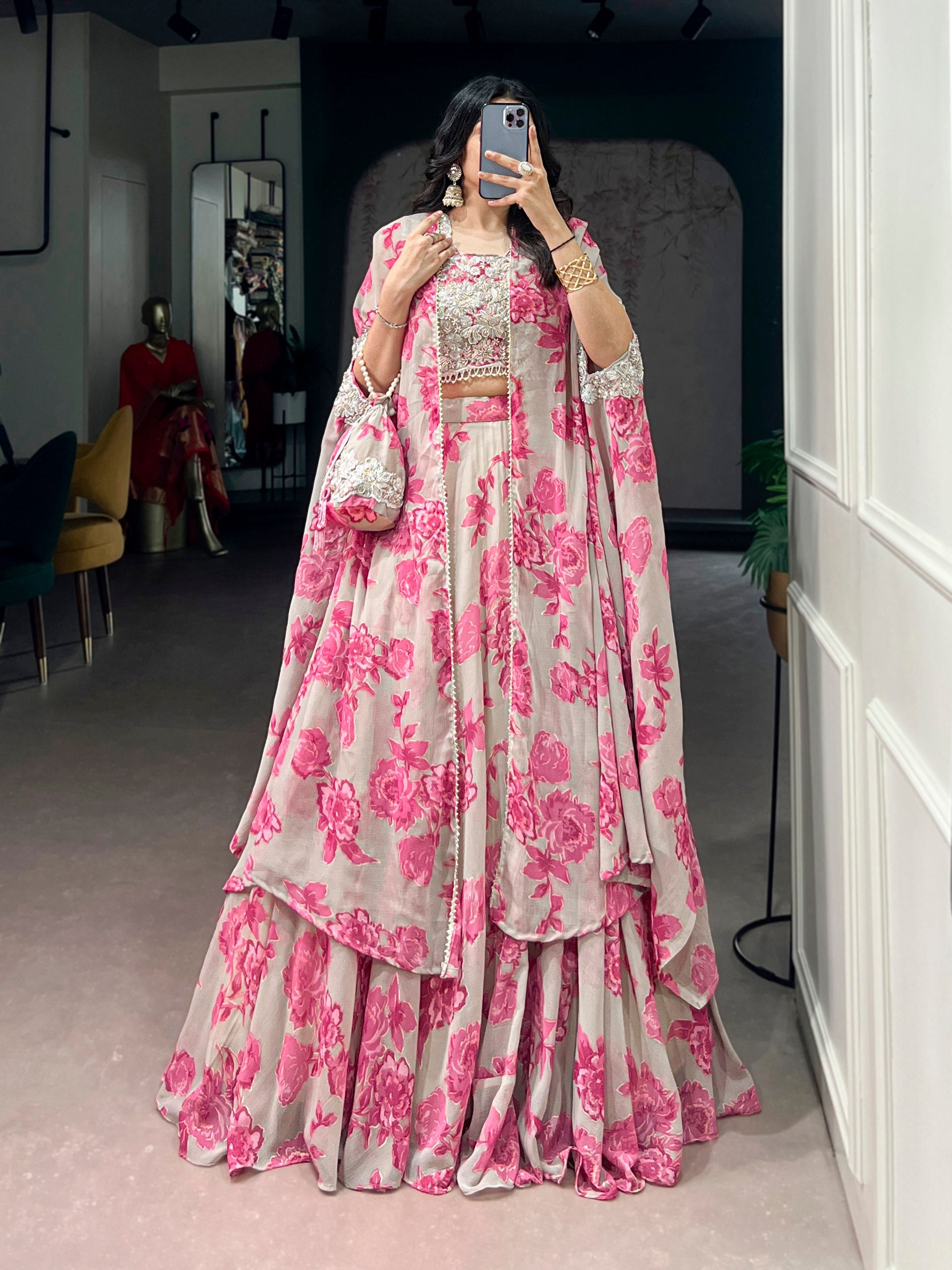 Pastelika Georgette Embroidered Lehenga with Cape Dupatta & Batwa Set