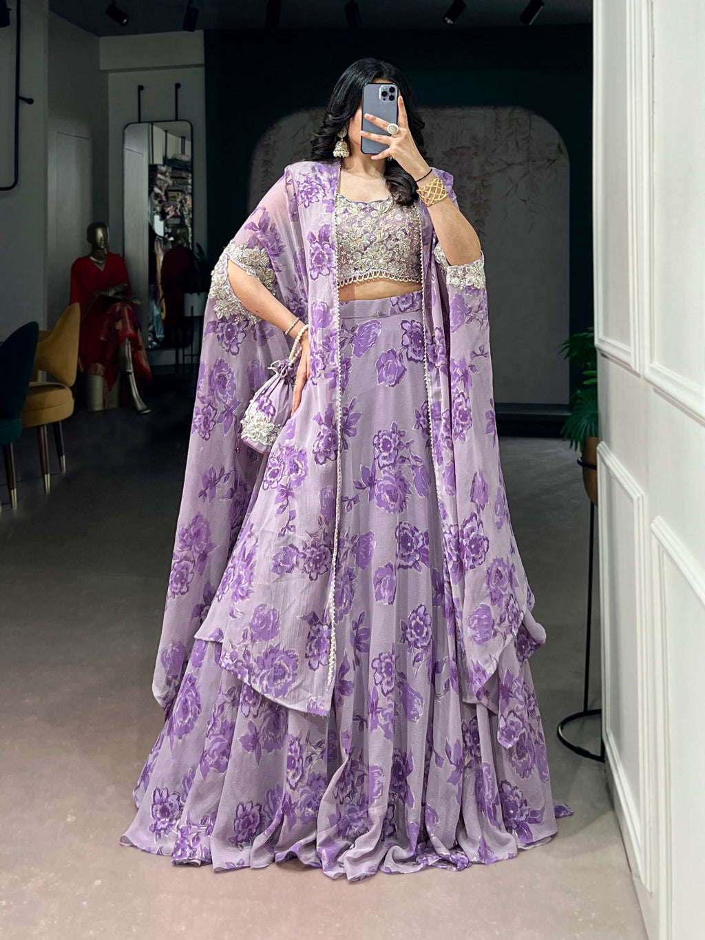 Pastelika Georgette Embroidered Lehenga with Cape Dupatta & Batwa Set