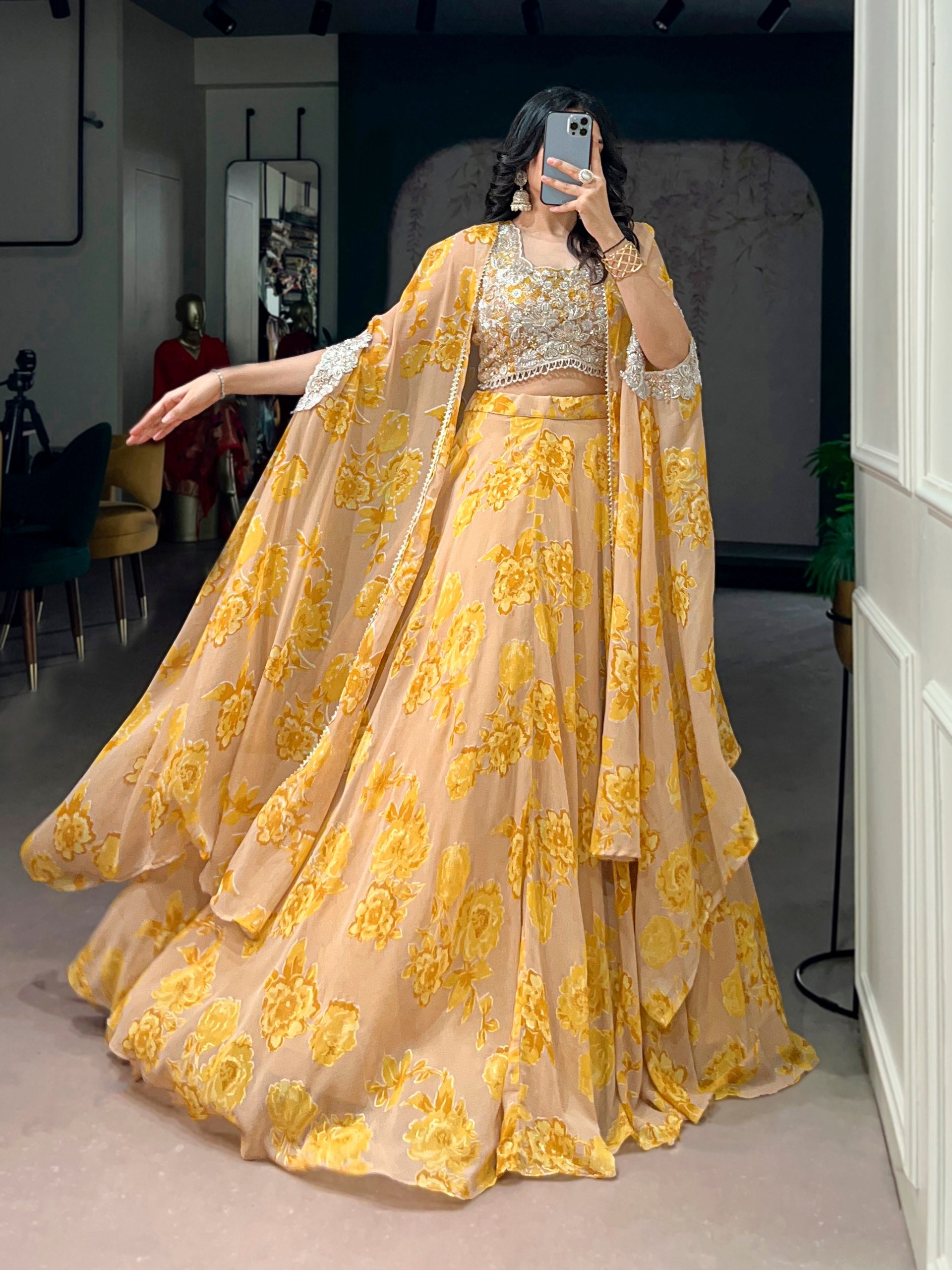 Pastelika Georgette Embroidered Lehenga with Cape Dupatta & Batwa Set