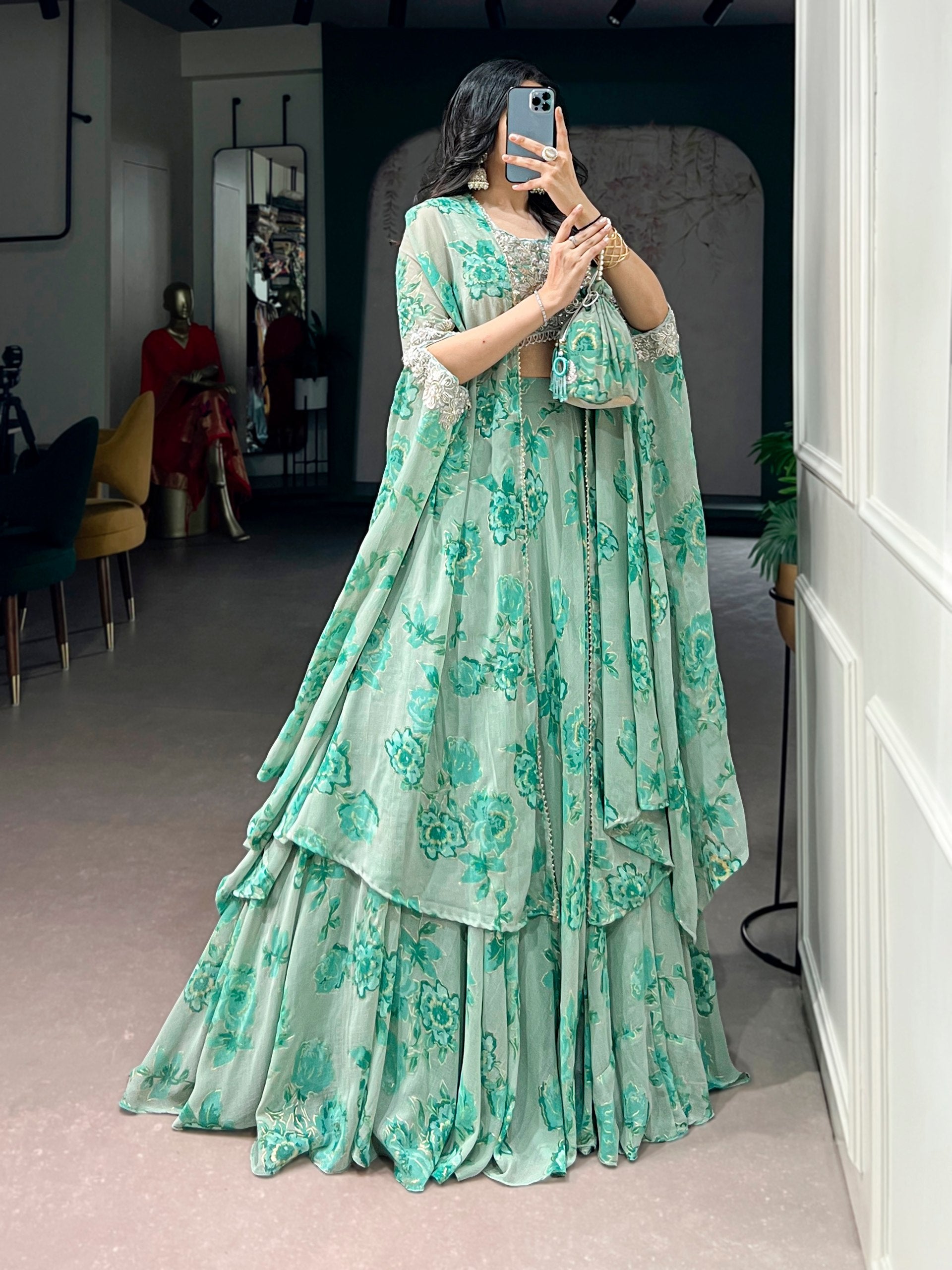 Pastelika Georgette Embroidered Lehenga with Cape Dupatta & Batwa Set