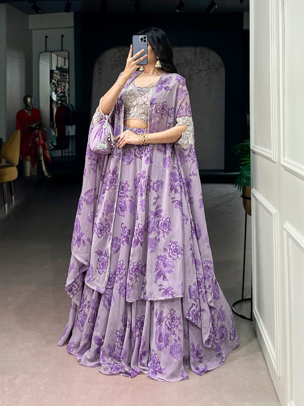Pastelika Georgette Embroidered Lehenga with Cape Dupatta & Batwa Set