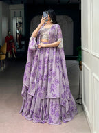 Pastelika Georgette Embroidered Lehenga with Cape Dupatta & Batwa Set