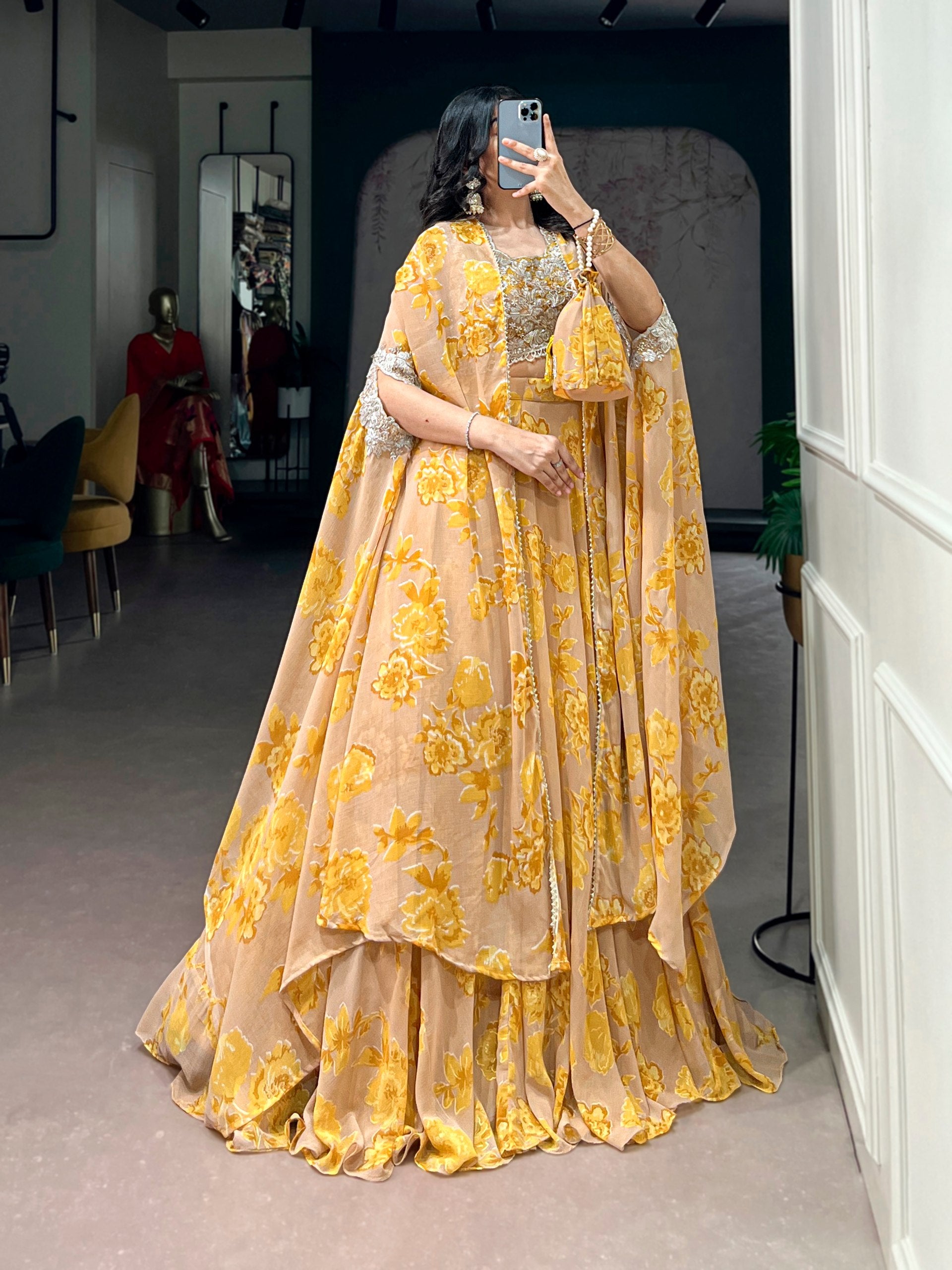 Pastelika Georgette Embroidered Lehenga with Cape Dupatta & Batwa Set