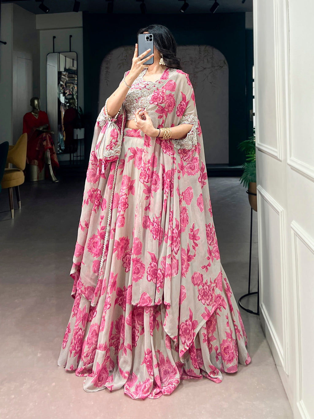 Pastelika Georgette Embroidered Lehenga with Cape Dupatta & Batwa Set