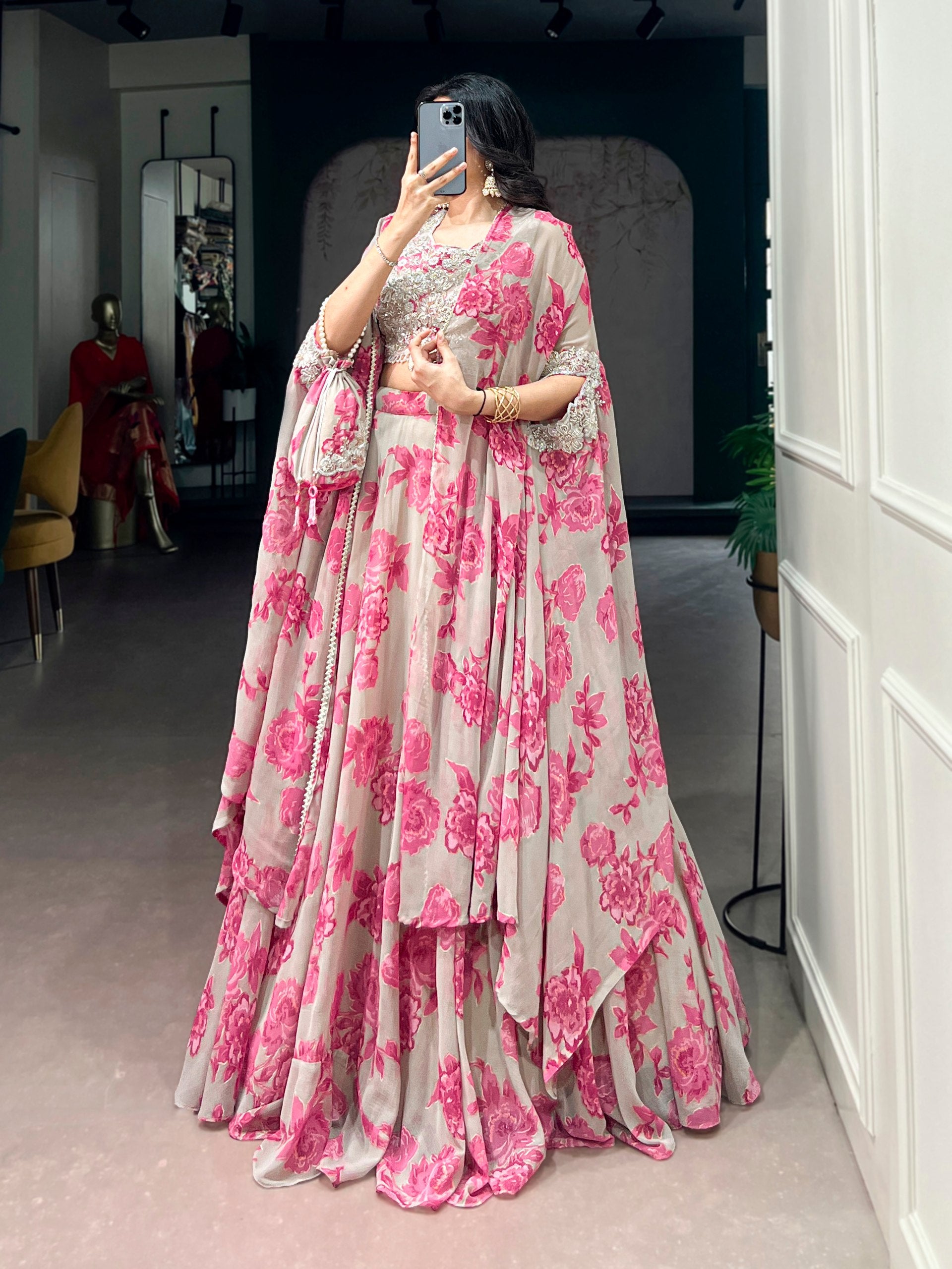 Pastelika Georgette Embroidered Lehenga with Cape Dupatta & Batwa Set