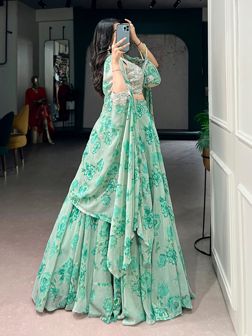 Pastelika Georgette Embroidered Lehenga with Cape Dupatta & Batwa Set