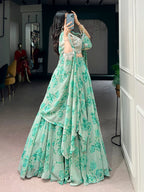 Pastelika Georgette Embroidered Lehenga with Cape Dupatta & Batwa Set