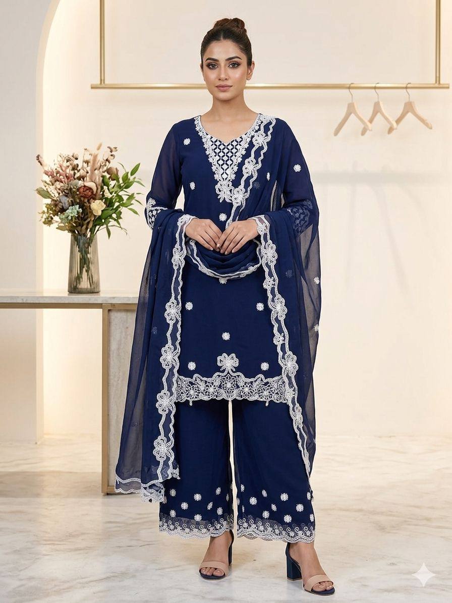 Aarna Georgette Sequins Embroidered Palazzo Suit with Dupatta