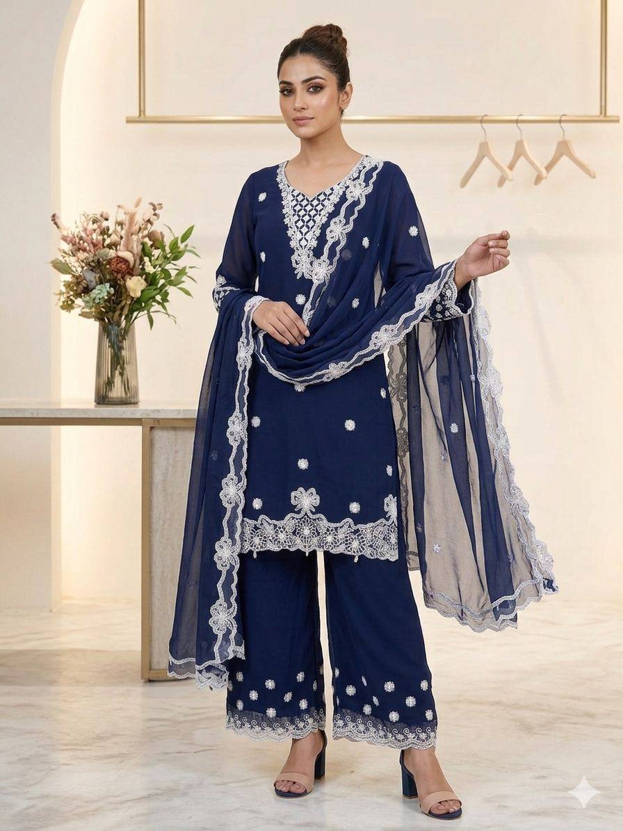 Aarna Georgette Sequins Embroidered Palazzo Suit with Dupatta