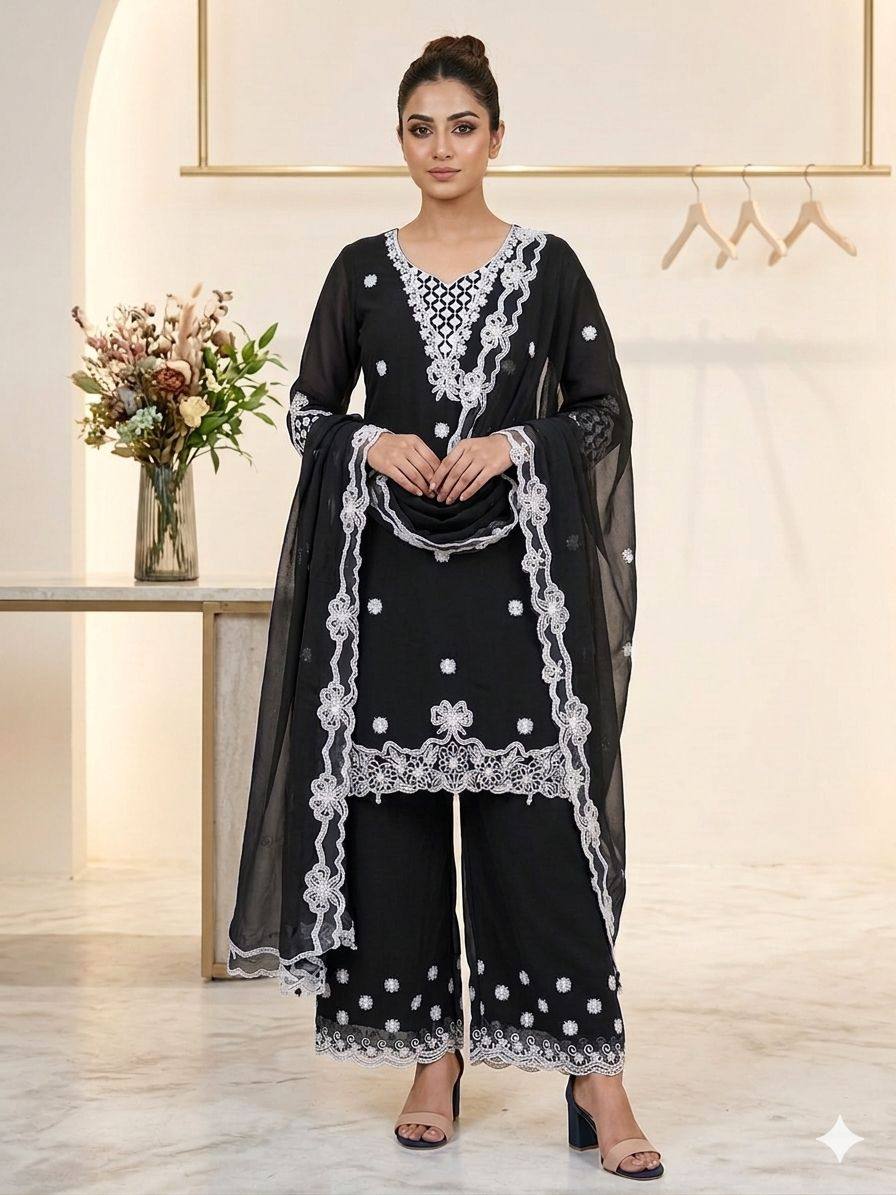 Aarna Georgette Sequins Embroidered Palazzo Suit with Dupatta