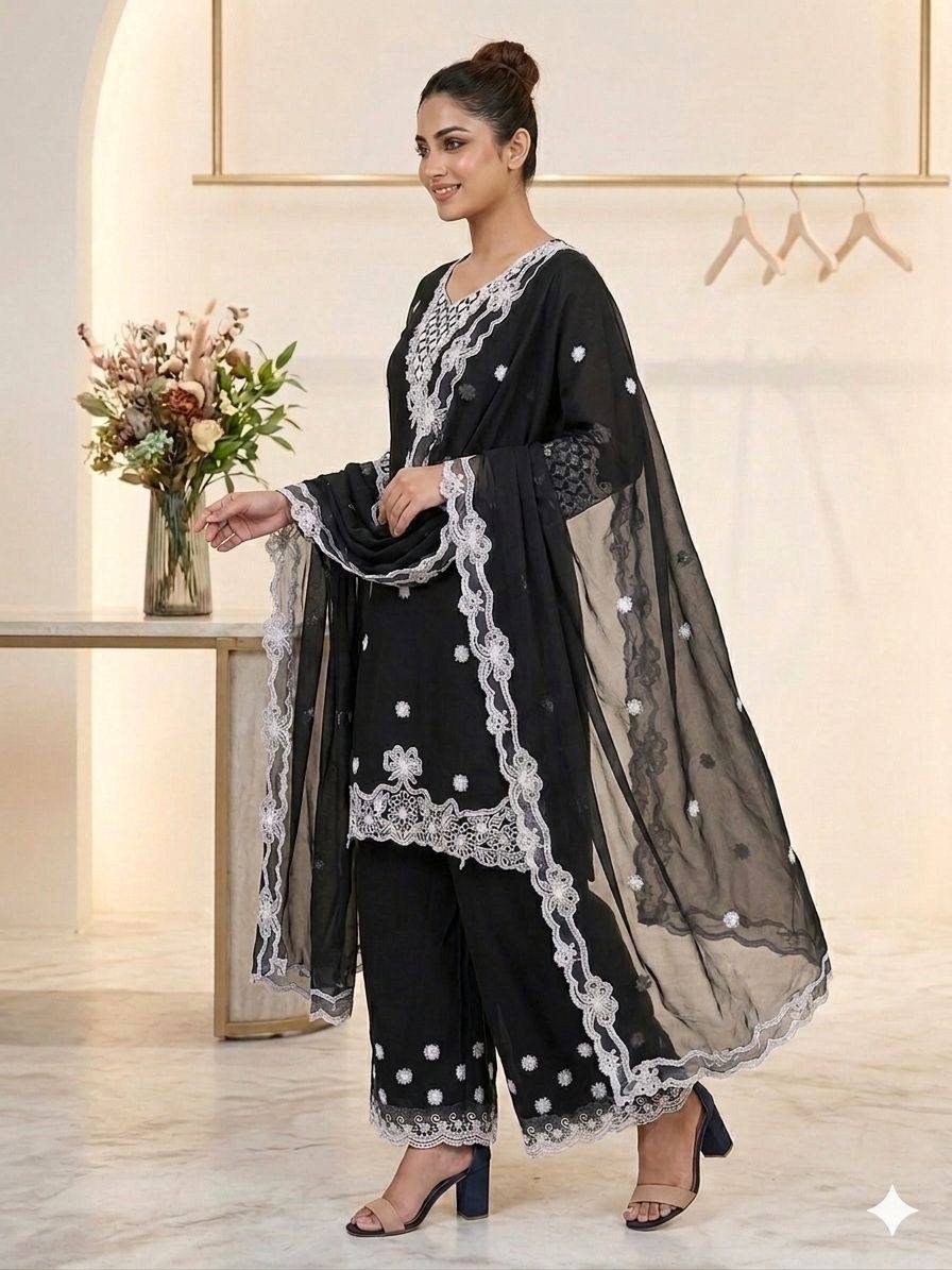 Aarna Georgette Sequins Embroidered Palazzo Suit with Dupatta