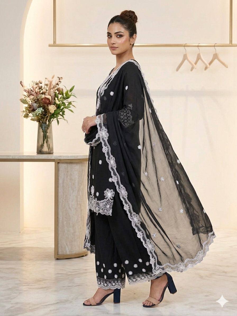 Aarna Georgette Sequins Embroidered Palazzo Suit with Dupatta