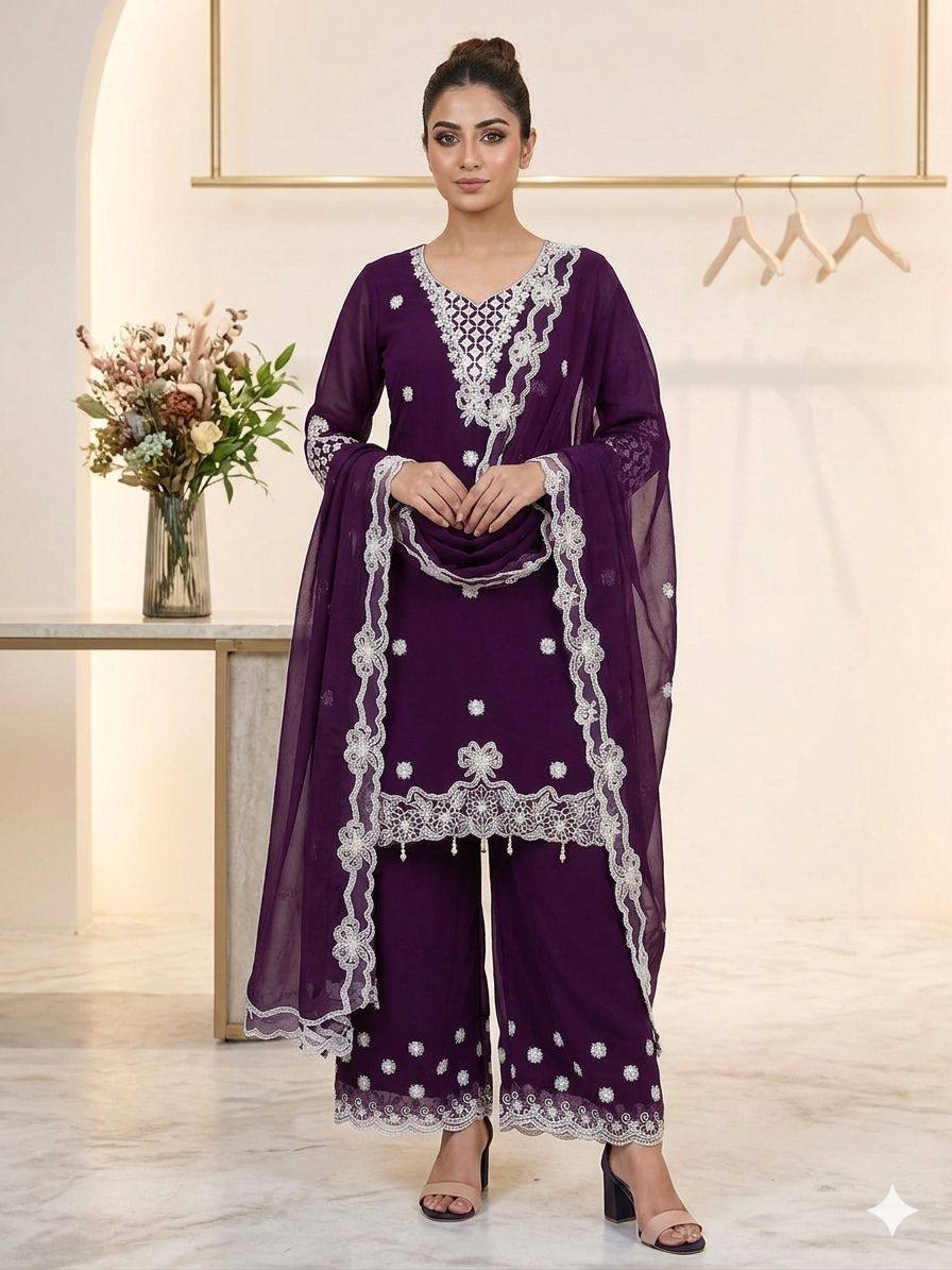 Aarna Georgette Sequins Embroidered Palazzo Suit with Dupatta
